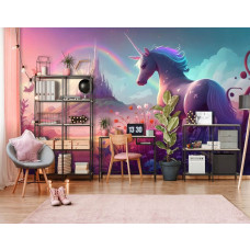 Een fotobehang met een eenhoorn en een regenboog, perfect voor een tienerkamer.