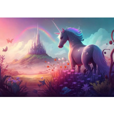 Fotobehang van een eenhoorn in Wonderland, met een sprookjeskasteel en regenboog in prinsessenstijl.