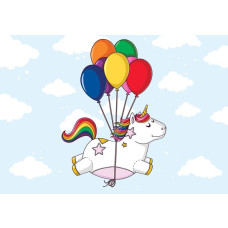 Fotobehang van een unicorn met ballonnen in de lucht, perfect voor een babykamer of kinderkamer.