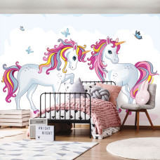 Een fotobehang met eenhoorns voor de babykamer en kinderkamer.