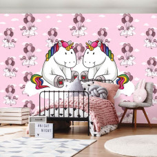Een fotobehang met een eenhoorn in de lucht, passend voor een babykamer.