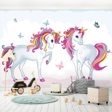 Een fotobehang met eenhoorns voor de kinderkamer.