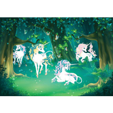 Unicorns sprookjesbos fotobehang, ideaal voor kinderkamers.