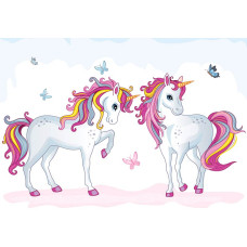 Fotobehang met kleurrijke unicorns, geschikt voor kinderkamers.