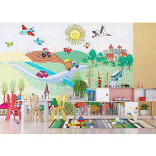 Een fotobehang van 'Vendula' met een speelse stadsscene voor een kinderkamer.