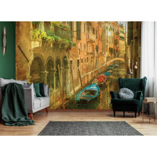 Een schilderij-fotobehang van Venetiė met gondels en grachten voor de huiskamer.
