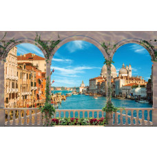 Fotobehang van het Canal Grande in Venetië, gezien vanaf een balkon in 3D-perspectief.