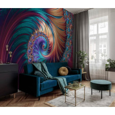 Een fotobehang met abstracte kunst van verenpracht op airtex voor in de woonkamer.