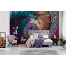 Een fotobehang met abstracte verenpracht-kunst, geschikt voor in de slaapkamer.