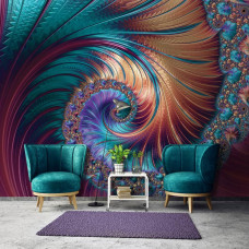 Een fotobehang met een abstract kunstontwerp van verenpracht in een woonkamer.
