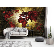 Een fotobehang van een verlichte wereldkaart met abstracte kunst, ideaal voor de huiskamer.