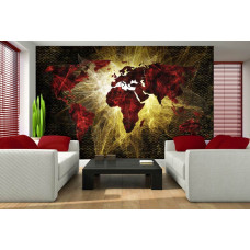 Een fotobehang met een verlichte wereldkaart in abstracte stijl, geschikt voor de woonkamer.