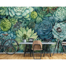 Een fotobehang van vetplanten in kunststijl met groene bloemen in een kantoor.