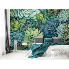 Een fotobehang van vetplanten in kunststijl met groene bloemen in de slaapkamer.