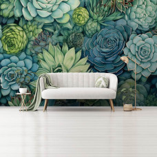 Een fotobehang van vetplanten in kunststijl met groene bloemen in de woonkamer.