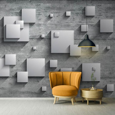 Een fotobehang met strakke geometrische vormen in vierkanten, perfect voor de huiskamer.