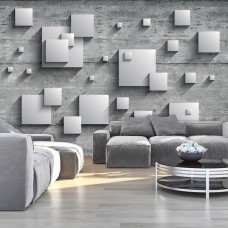 Een fotobehang met vierkante vormen in een abstract geometrisch design, passend voor de woonkamer.