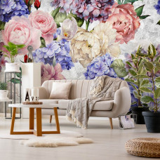 Een vintage bloemenfotobehang in kunststijl te zien in de huiskamer.