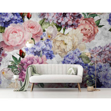 Een vintage bloemenfotobehang in kunststijl te zien in de woonkamer.