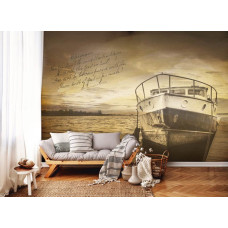 Een fotobehang met een klassiek meerlandschap en een boot in vintage stijl.