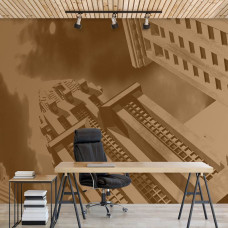 Een fotobehang van een vintage gebouw met architectonische details, geplaatst in een kantoor.