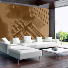 Een fotobehang van een vintage gebouw in een klassieke stijl, afgebeeld in een woonkamer.