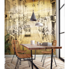 Een fotobehang van een stadsbeeld in een nostalgische stijl, ideaal voor een keuken.