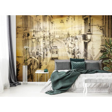 Een fotobehang met een stad in een klassieke stijl, passend voor de slaapkamer.