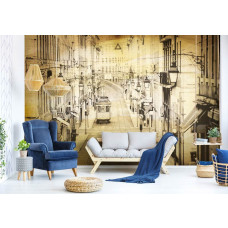 Een fotobehang met een vintage stadsweergave, perfect voor de woonkamer.