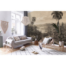 Een fotobehang met een exotische jungle met palmbomen, perfect voor zowel een slaapkamer als een woonkamer.