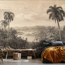 Een fotobehang met een vintage jungle vol Amazone palmbomen en tropische planten, speciaal ontworpen voor een slaapkamer.