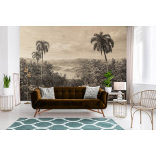 Een fotobehang met een Amazone-jungle met tropische planten, ideaal voor een woonkamer.