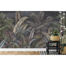 Een fotobehang met een botanisch ontwerp van bladeren, weergegeven in een huiskamer.