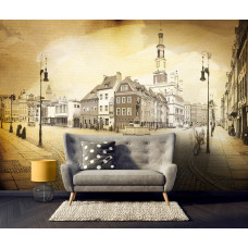 Een fotobehang met een historische afbeelding van de stad Poznan, perfect voor een woonkamer.