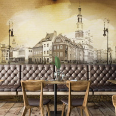 Een fotobehang met een historische weergave van Poznan, perfect voor een restaurant.