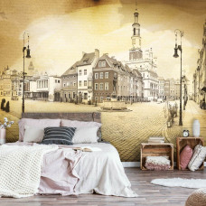 Een fotobehang van de stad Poznan in een ouderwetse stijl, geschikt voor een slaapkamer.