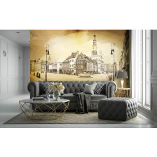 Een fotobehang met de oude stad van Poznan, passend voor een woonkamer setting.