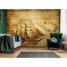 Een fotobehang met een vintage schip en zeekaart als achtergrond in een stijlvolle woonkamer.