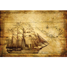 Vintage schip fotobehang, met een kaart van de zee en een antieke weergave van een schip op avontuur.