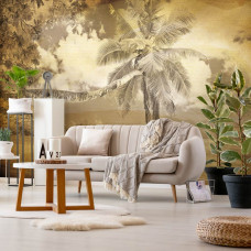 Een fotobehang met een strandscčne met palmbomen en zee in vintage stijl, perfect voor een woonkamer.