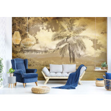 Een fotobehang met palmbomen en zee in een vintage setting voor de woonkamer.