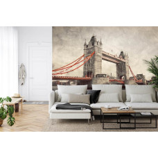 Een fotobehang met een artistieke weergave van de Tower Bridge, weergegeven in een woonkamer.