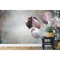Een fotobehang met vintage tulpen in een zachte kleurensamenstelling, afgebeeld in een keuken.