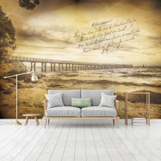 Een fotobehang met een nostalgische pier en zee, passend voor de slaapkamer.
