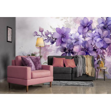 Een fotobehang van paarse violet bloemen geschilderd in kunststijl in de slaapkamer en woonkamer.
