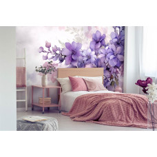 Een fotobehang van paarse violet bloemen geschilderd in kunststijl in de slaapkamer.