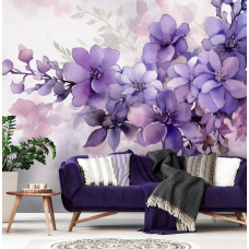 Een fotobehang van paarse violet bloemen geschilderd in kunststijl op vliesbehang in de woonkamer.