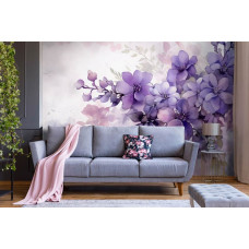 Een fotobehang van paarse violet bloemen geschilderd in kunststijl in de woonkamer.