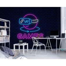 Fotobehang Virtual Reality Games Neon in een gamekamer met speelse neon VR-headset en kleurrijke tekst.