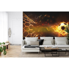 Een fotobehang met een dynamisch voetbalmoment met vlammende energie in een huiskamer.